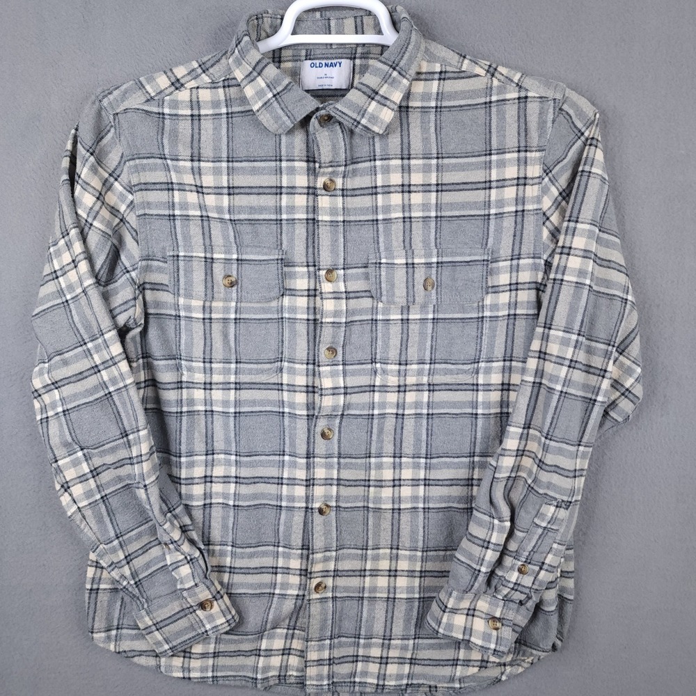 Old Navy Mens Medium Gray White Plaid Double Brushed Flannel‎ Button Up Shirt M